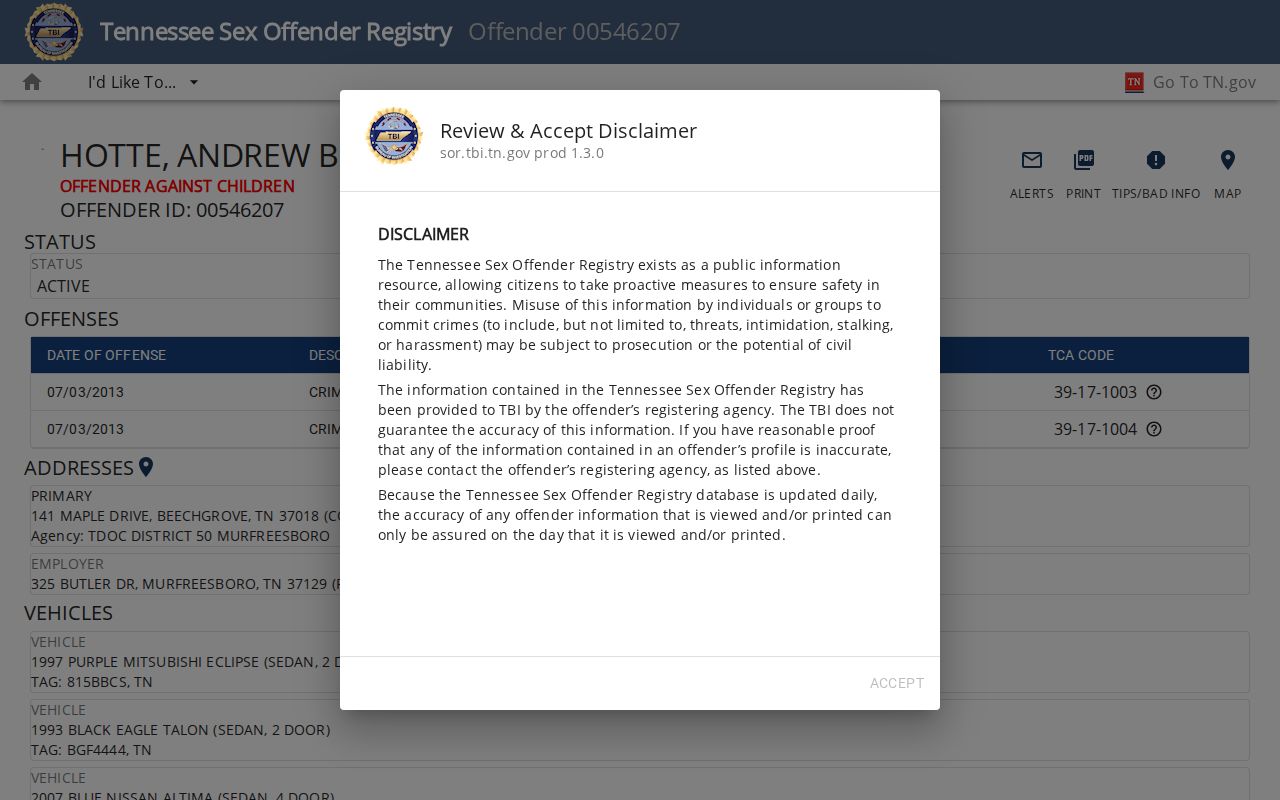 Profile field layout for a Greene County sex offender registry check