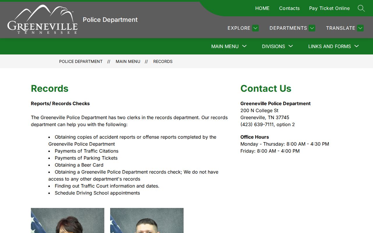 Greeneville criminal history Police Records office services