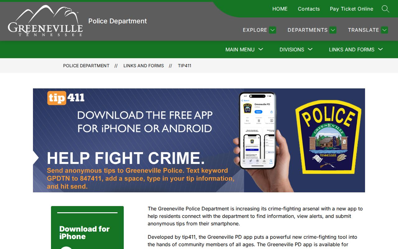 Greeneville criminal history context for police tip411 service