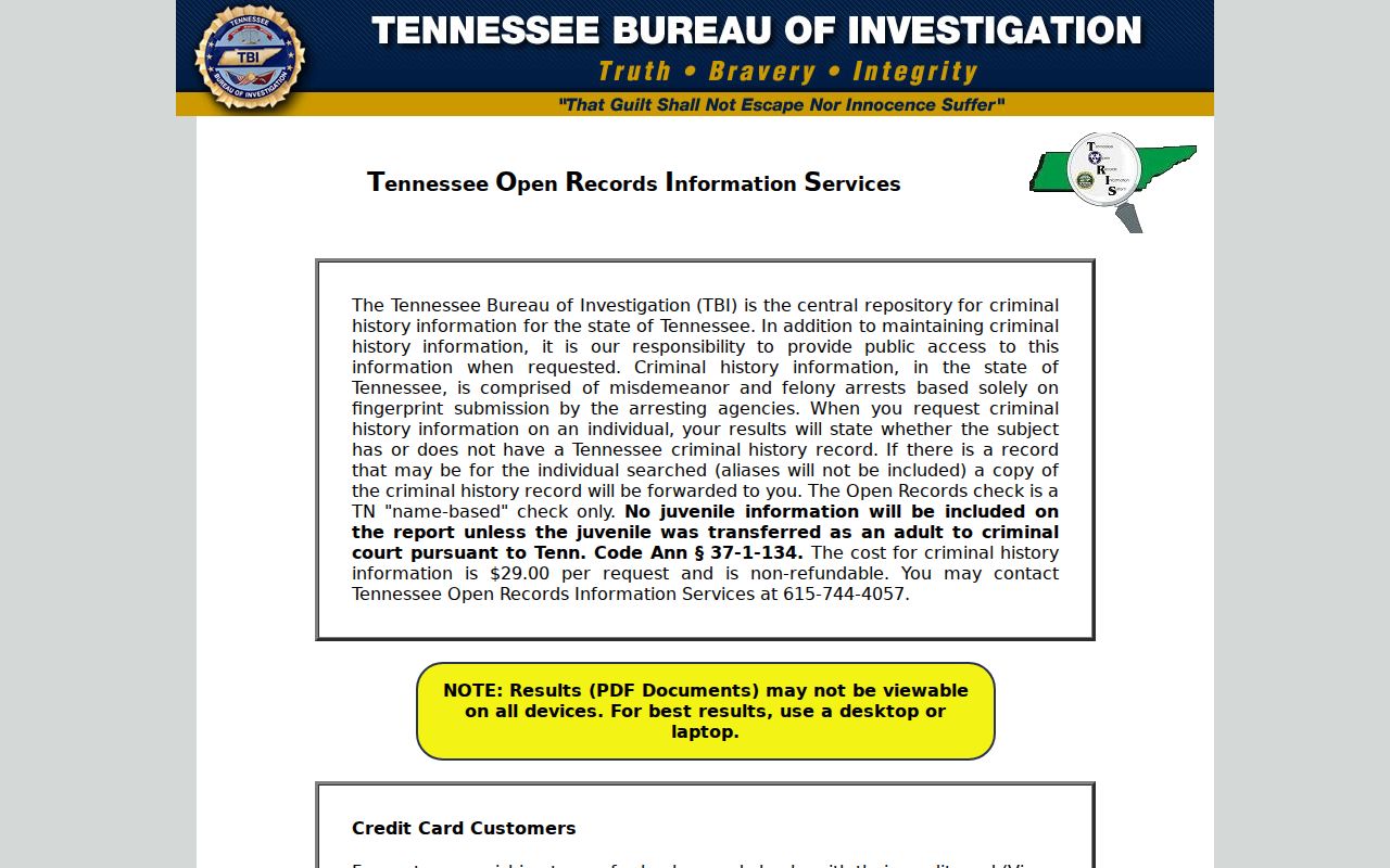 Greene County criminal history TORIS landing screen