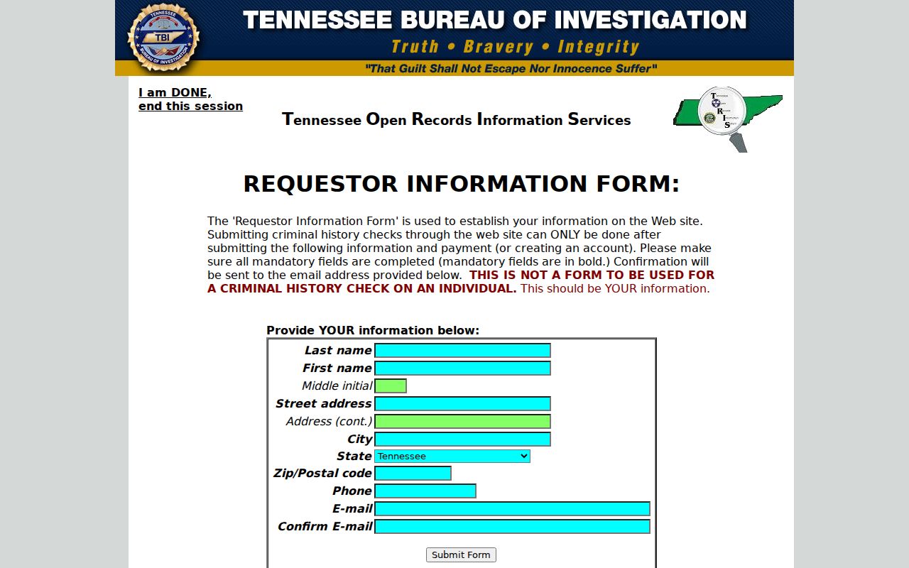 Greene County criminal records TORIS requester form